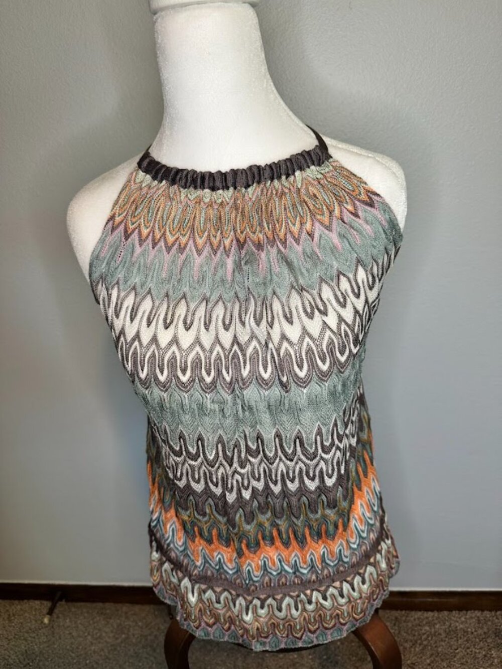 Missoni Multicolor Wave-Pattern Halter Tank Top — Green, White, Orange, Gray - Picture 1 of 11
